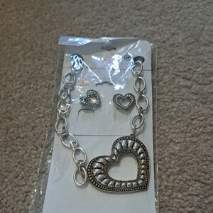 Silver Heart Necklace and Earring Set